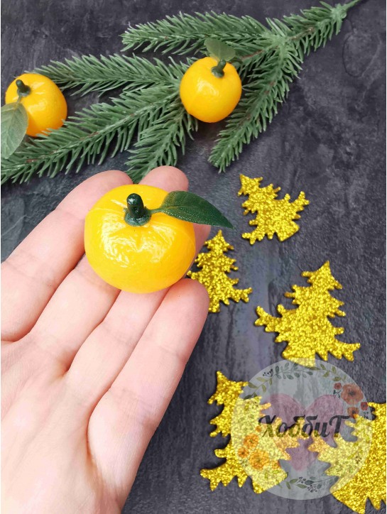 Мандарин с листиком декоративный (муляж) 3см, 15 штук